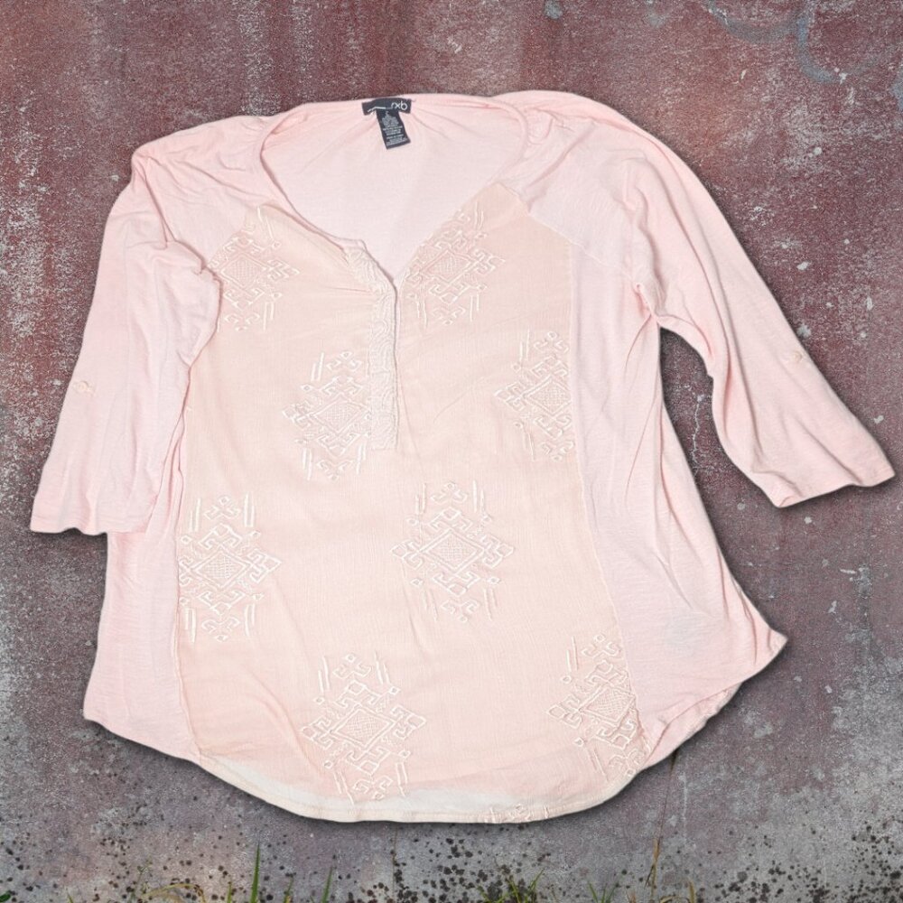 RXB Pink Bliss Rayon Blend Embroidered Top V-Neck Short Sleeve Shirt